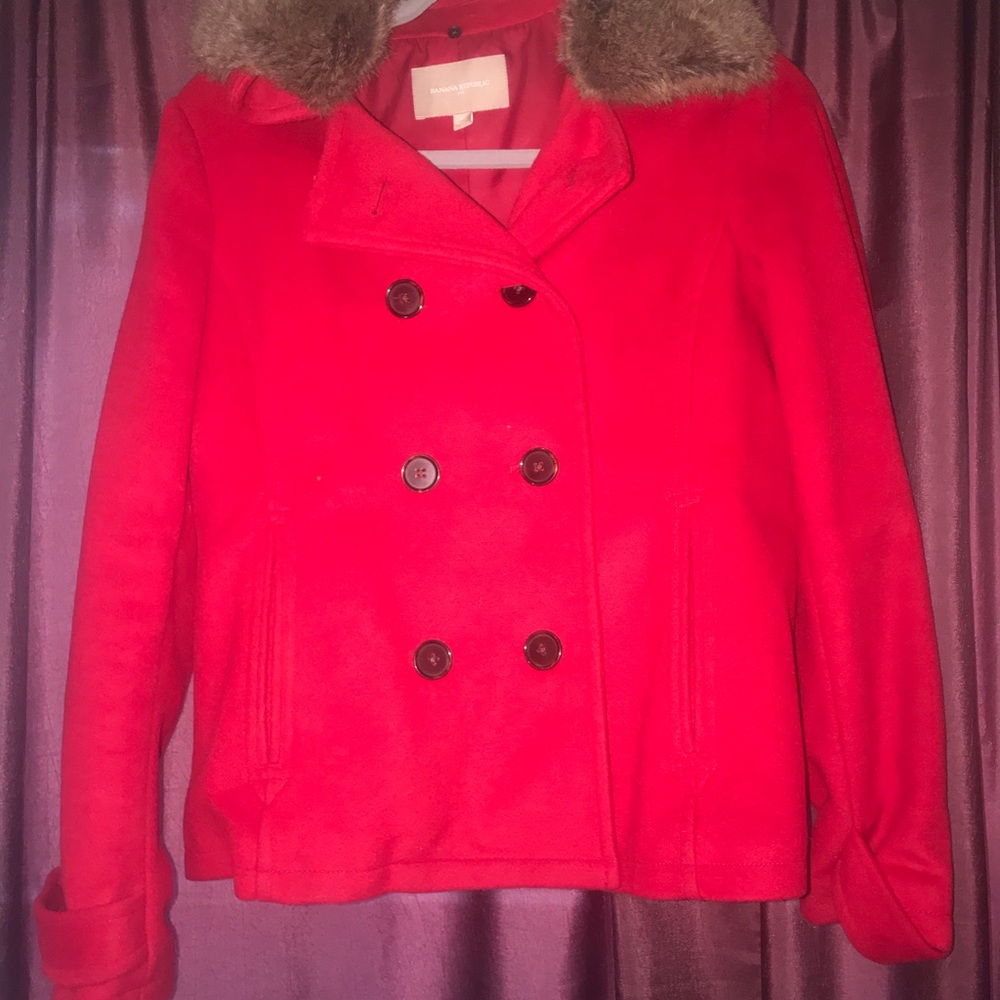 Banana Red Peacoat w removable “fur” collar